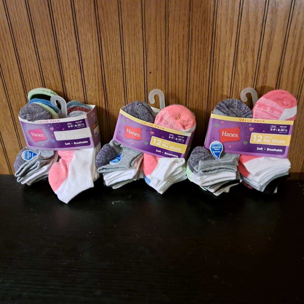 3 X Value 12 Packs Hanes Girls Wicking Cool Comfort No Show Socks Size S 6-10.5